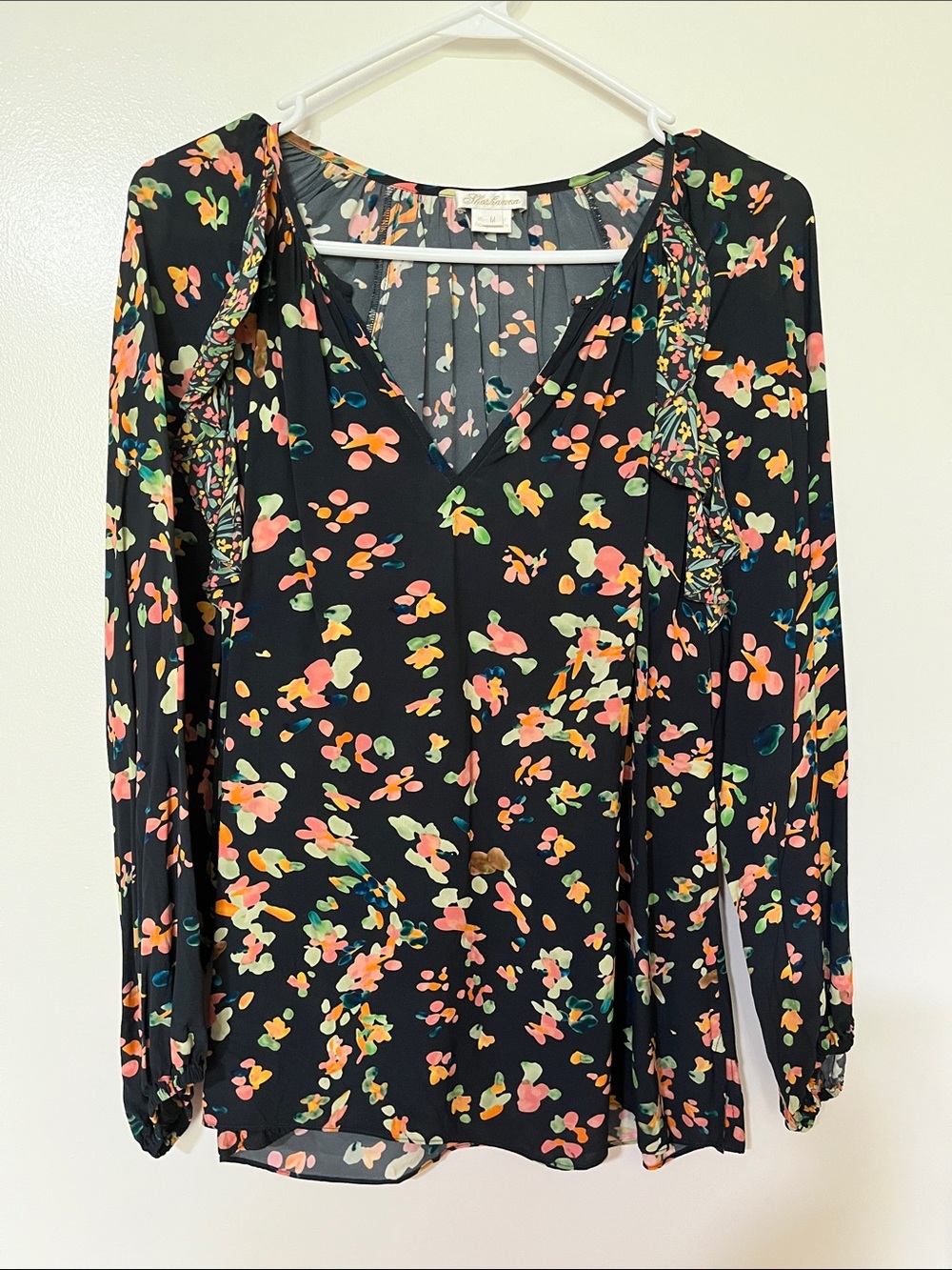 Shoshanna Black Floral Ruffle Long-Sleeve Blouse